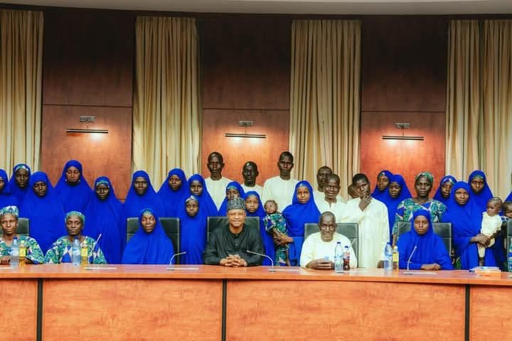 Gov. Uba Sani on Feb. 18 welcoming 59 rescued hostages to government headquarters in Abuja.